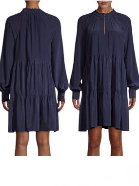 En Thread Puff Sleeve Tiered Dress Key Hole Navy Blue Women's Medium